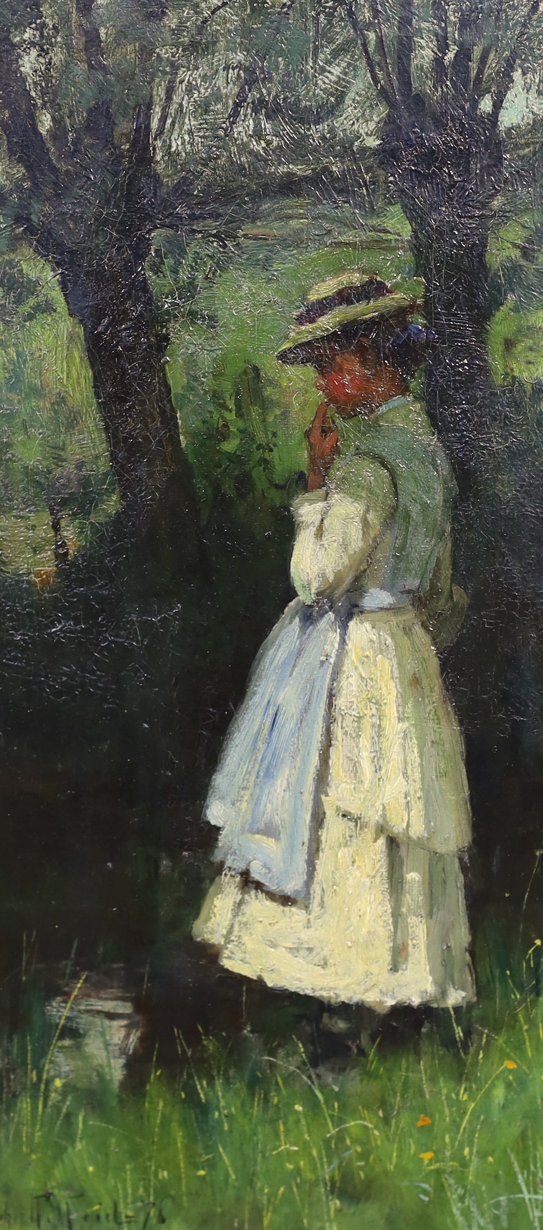 John Robertson Reid (Scottish 1851-1926), oil on canvas, Girl wearing a bonnet, in the shade of trees, signed and dated '76 36 x 17cm., Please note this lot attracts an additional import tax of 5% on the hammer price